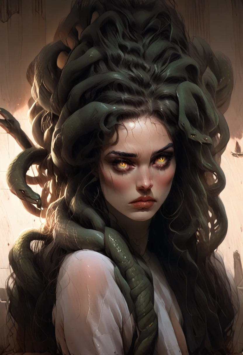 ((a beautiful and terrifying Medusa with snakes for hair)), beautiful detailed eyes, beautiful detailed lips, extremely detailed face and features , masterpiece, 8k, ultra-detailed