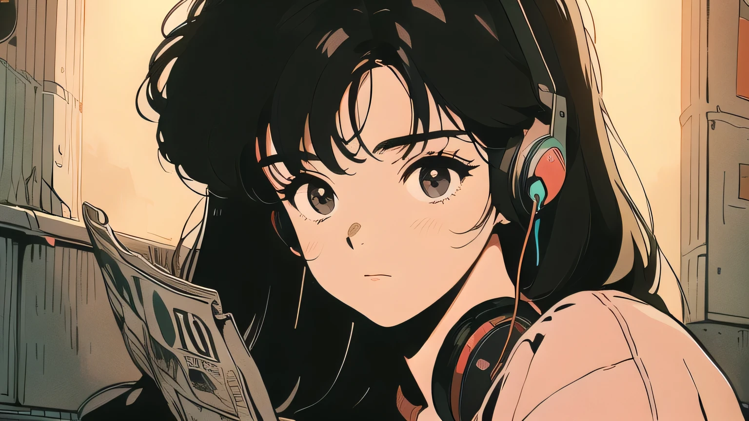 A young woman is wearing headphones, Her background is a wall of old newspapers., Each newspaper is filled with images of different cartoon characters.. Her expression was thoughtful., The image has dark tones and warm lighting.