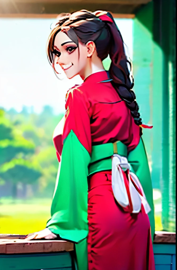 ((1girl)),((building)), braided bangs,braided ponytail,(solo:1.2), black hair, 16yo,looking at viewer, sunlight,hanfu, chengqiang, 