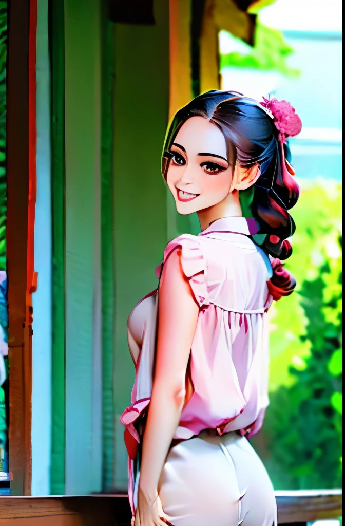 ((1girl)),((building)), braided bangs,braided ponytail,(solo:1.2), black hair, 16yo,looking at viewer, sunlight,hanfu, chengqiang, 