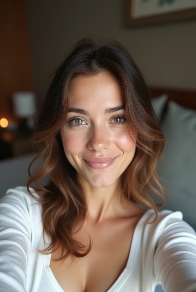 A person takes a casual selfie at home. When they review the photo, they notice a faint, blurry figure in the background, almost like a glitch in the image. They shrug it off as a camera malfunction and continue their day.