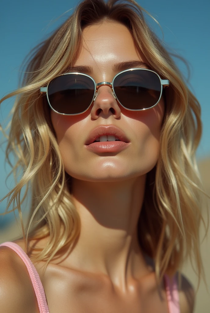 Blonde, bangs, on beach, sexy, woman, sunglasses, biting lip, sexy pose, sunset, romantic, seductive, leaning on wooden fence. 