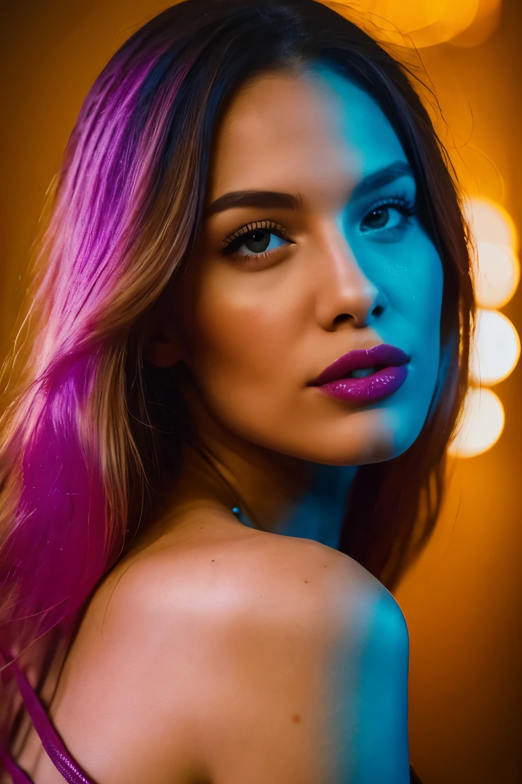 A beautiful young blond woman posing sensually in a studio, her skin illuminated by soft, (((colorful lights, ciana And magenta lighting))) that reflect across her body. The background features a smooth gradient of vibrant colors, adding depth to the scene. The lighting creates a dramatic, professional studio effect, highlighting her realistic skin textures and contours. The image is hyper-realistic, capturing every detail, from the strands of her hair to the subtle reflections on her skin. The setting is luxurious and sophisticated, with a balanced composition that emphasizes both her beauty and the artistic lighting. natural light, 35mm photograph, film, professional, 4k, highly detailed, Golden hour lighting. Depth of field F2. Rule of Thirds Composition.
