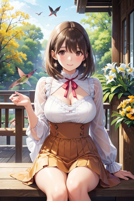(((Masterpiece))), best quality, cowboy shot, perfect anatomy, (detailed face), outdoors, sunny, warm sunlight, (((realistic faces))), realistic anatomy, painterly)) corset, victorian dress, wild west, pink dress, frilly, parasol, solo, large breasts, massive breasts, brown hair, smile, closed eyes, ((((evil smile, shaded face)))))