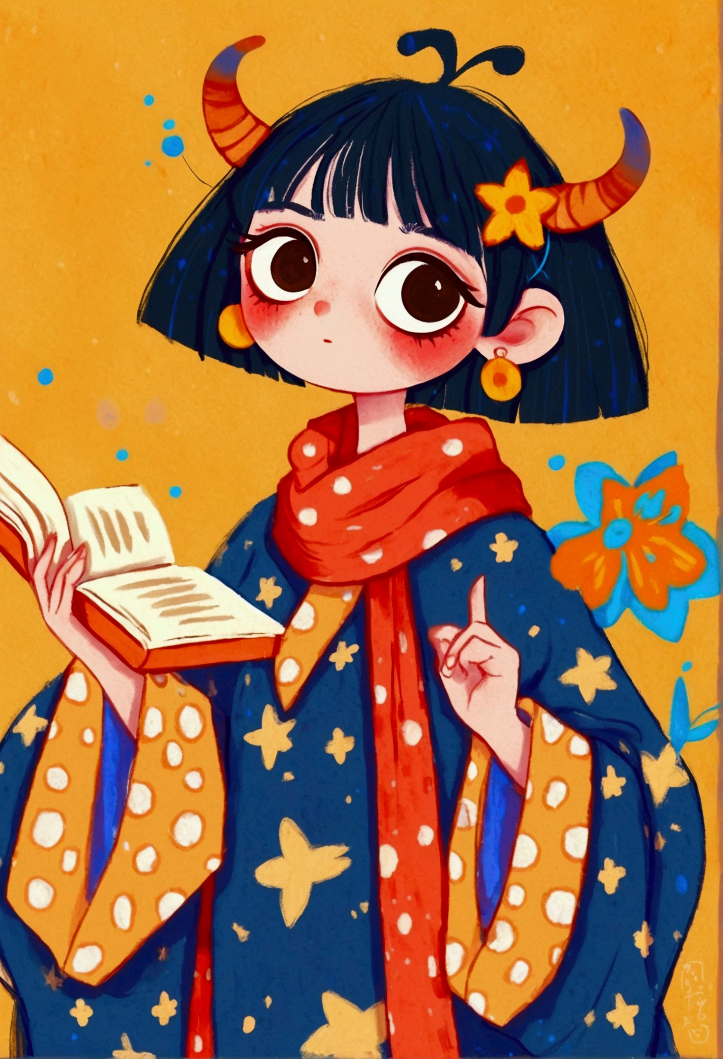 bright cartoon character, studious expression, short dark blue hair, big eyes, playful accessories, red horns, orange and blue spotted tail, large gold earrings, wearing blue robe with star and flower patterns, flowing wide sleeves, red and gold scarf, holding open book, standing pose, looking at book, indoor soft background, light warm color tones, cute and imaginative atmosphere, low angle, well-balanced exposure, crisp image quality.