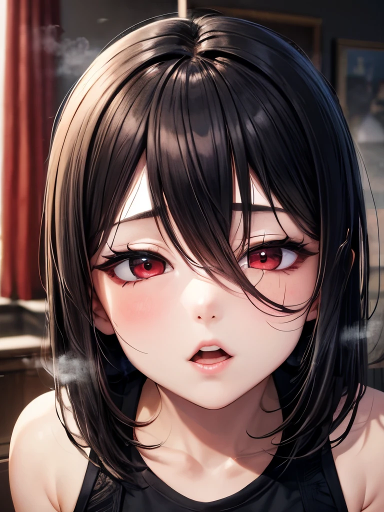 medium breasts,black hair, medium hair, red eyes, UHD, retina, masterpiece, accurate, anatomically correct, textured skin, high details, high quality, 8k, best quality,crop top,break,penis over eyes,1boy,1girl,veiny penis,pov,(steam:1.2),IncrsHeadpatPOV,handjob,カウパー