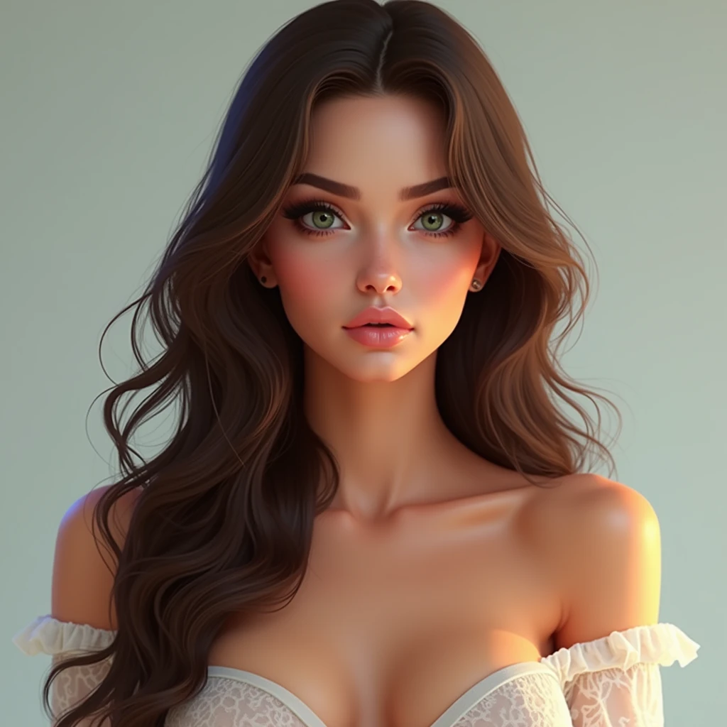 Tall hispanic woman with expressive hazel eyes and long wavy dark brown hair; warm light-olive skin; hourglass build; (soft face with full lips); ample bosom; best quality; trending on artstation; dark room with complex volumetric lighting; strong shadows; artistic lighting; dynamic; energetic vibe; realistic skin; specular highlights; micro-textures; highly detailed hair; at the marina watching the sunset; high tech; dystopia; consumerist