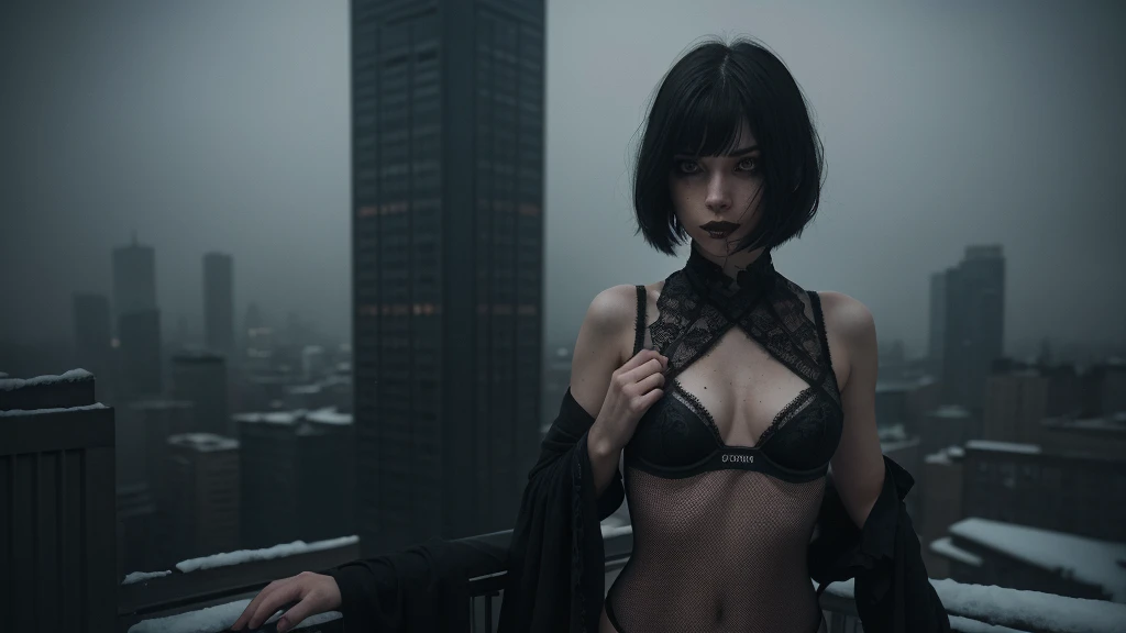 (Best Quality,hight resolution,Masterpiece, half body shot:1.2),Ultra-detailed,woman dressed in black bra and thong,sickly,standing on the rooftop of a skyscraper in a cold snowy city, she's wearing very sexy lingerie, foggy and cold east europe city in the background, high waisted thong, noir cyberpunk, perfect body, cold atmosphere, sci fi aesthetic, fishnet stockings and lingerie, centered subject,gloomy ecstasy,fetish,dark gloomy atmosphere, creepy atmosphere, gritty texture,Retro-atmosphere,warped reality,melancholic expression on his face,mysterious aura,foggy atmosphere,foggy background,Subtle color palette,provocative pose,Strong emotions,Coming Out of the Depths of Despair,Piercing gaze,intense shadows,Plunged in Darkness,dark industrial aesthetic,ominous vibe,A supernatural sensation,Loss of Place in Time and Space,Eerie silence.asymmetrical bangs, freckles, black short hair, Bangs, freckles, gray eyes, revelador corporal
