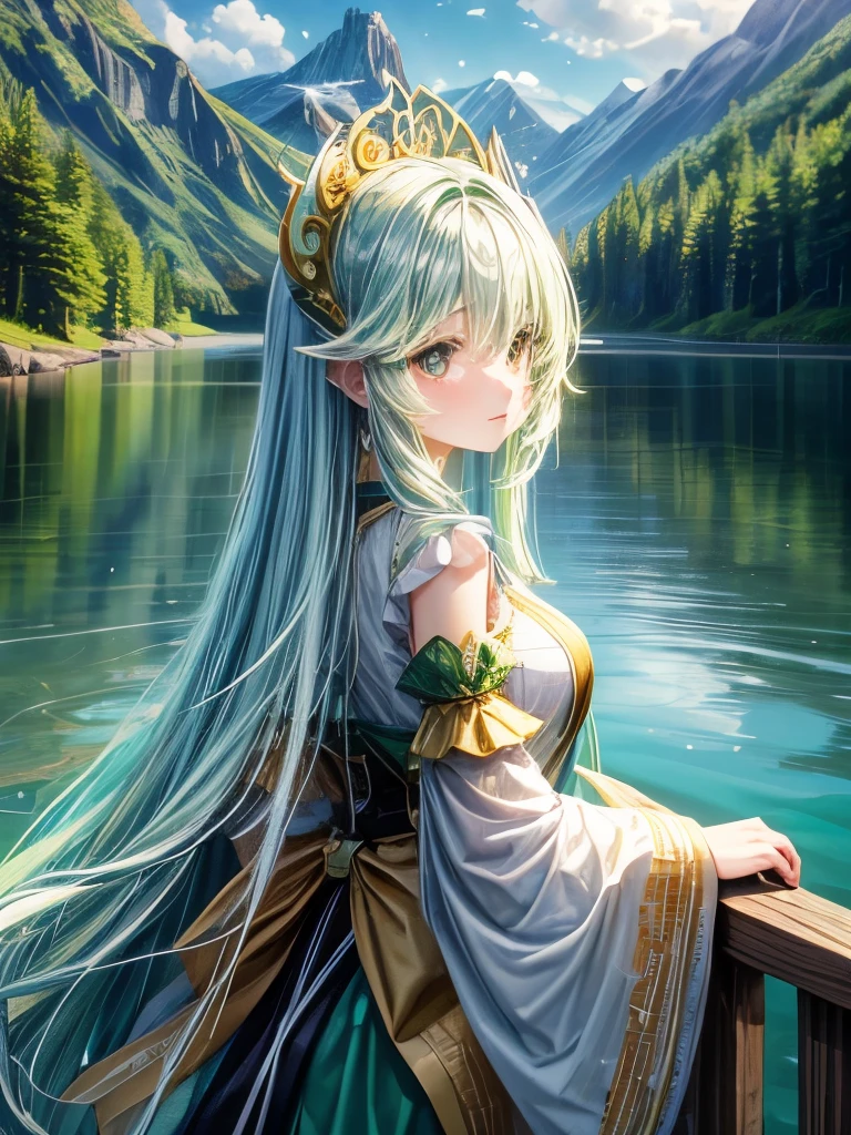 Costumes, Long Hair, girl, Big eyes, Green Mountain々and green water,