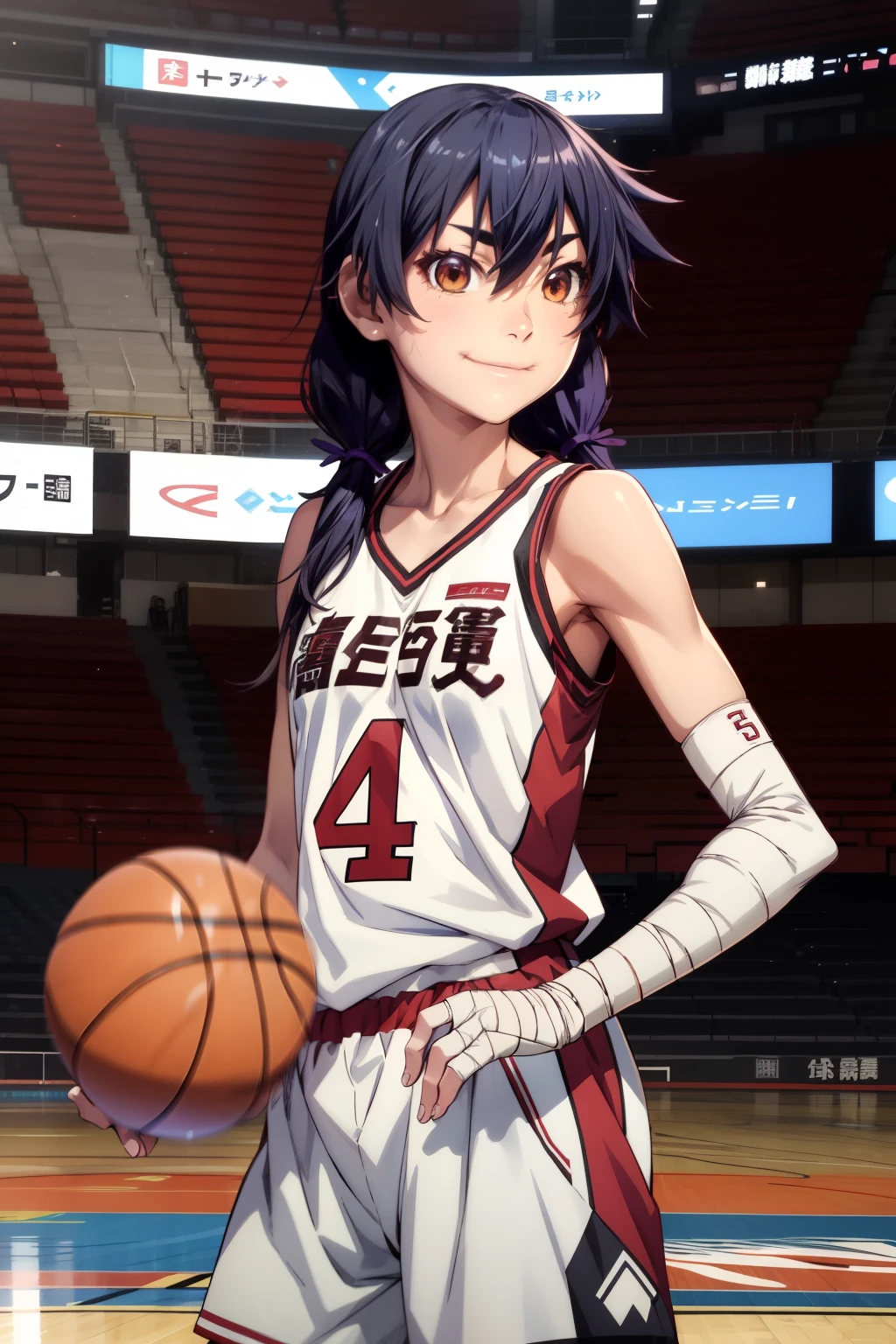 masterpiece、Highest quality、High resolution、Detailed face、anime、anime塗り、animeカラーリング、Bakemonogatari、kanbarusuruga、One woman、solo、smile、Blue Hair、Long Hair、Twin tails、低いTwin tails、Mid-chest、Brown eyes、clavicle、White shorts、Sportswear、Jersey、Basketball Uniforms、bandage、bandageを巻いた腕、smile、Cowboy Shots、Basketball Court、((basketball in hand))