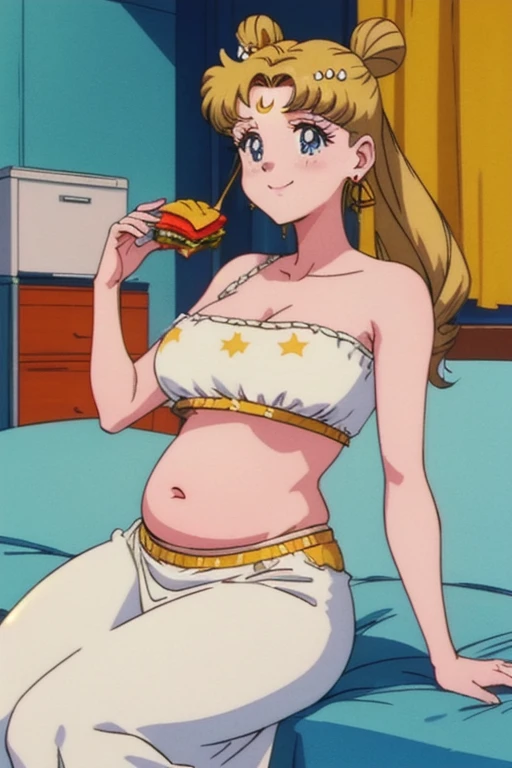 (ultra-detailed), (masterpiece), (best quality), (sharp focus), (cinematic lighting), (vibrant colors),  EPTakeuchiNaokoStyle, 1990s \(style\), anime screencap, retro artstyle, anime coloring, traditional media, 1 girl, solo,Chubby princessserenity, Literally gained some extra weight, Double_chin, belly rolls, blonde hair, hair ornament, fulled figure, plump belly, gained some weight, forehead mark, earrings, white tight dress, stars background, smile, plump Belly, Belly_grab,sitting bed,eating a hamburger, grabing herself belly