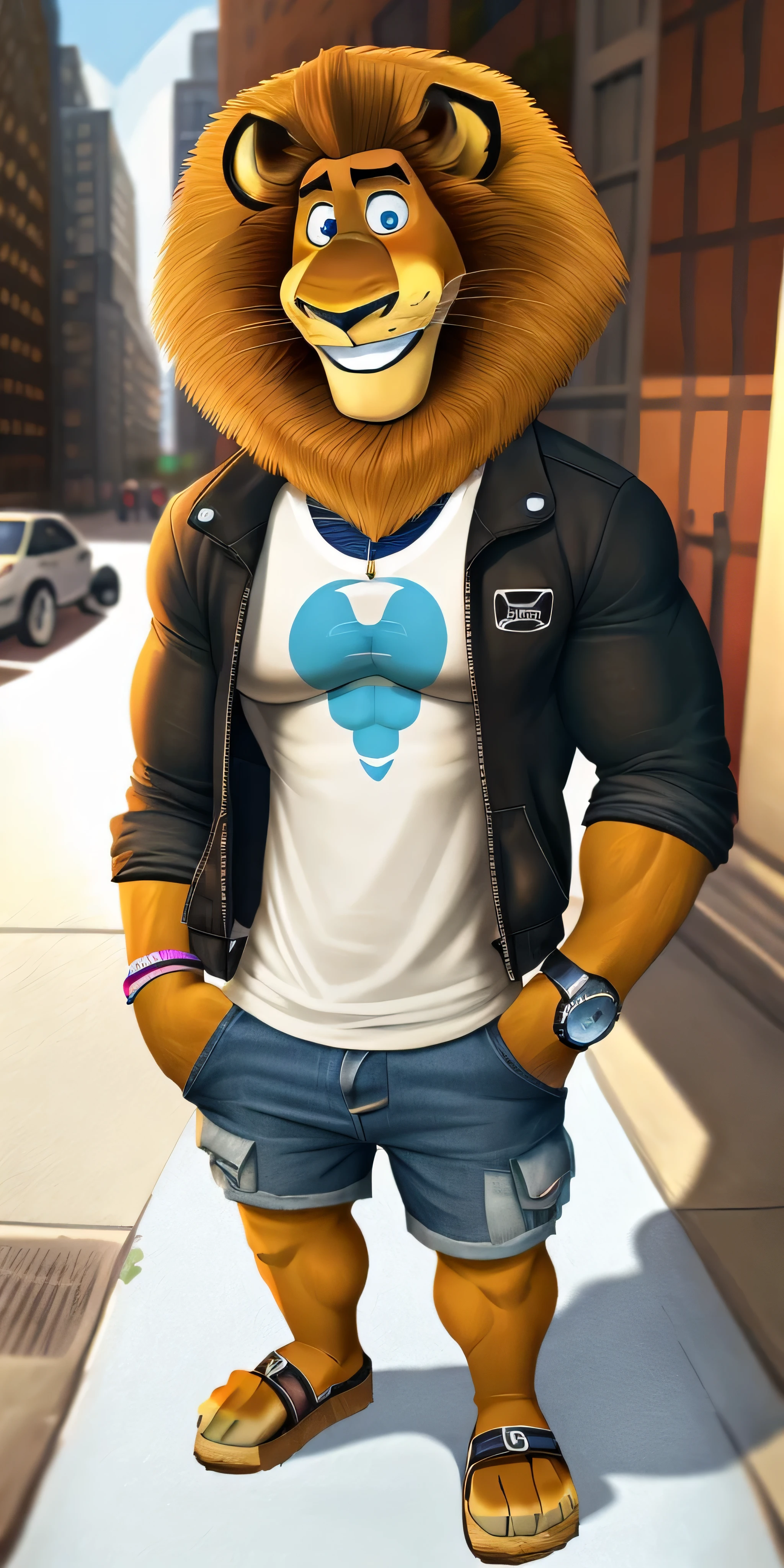 Alex the Lion, muscular body, big biceps, extremely beautiful and cute face, perfectly detailed blue eyes with perfectly detailed pupils, wears cyan t-shirt, black varsity jacket with long sleeves, fancy watch on his right wrist, hands in pockets, denim cargo shorts, Birkenstock sandals, streets background, selfie, friendly look, cute smile