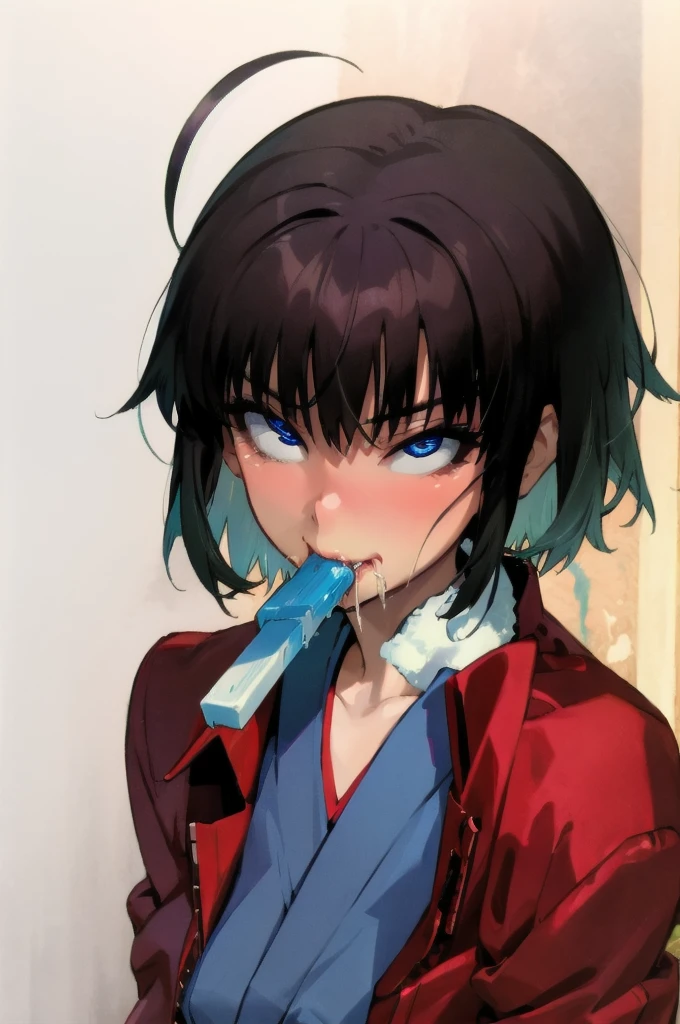 (masterpiece, Highest quality, Very detailed), female, Ryougi Shiki The Garden of Sinners, short hair, Ahoge, Red jacket, blue eyes, Blue kimono, Open clothes, Fur trim, (Ahegao), (Roll your eyes), blush, (Giant black popsicle:1.1), Popsicle in mouth, saliva, Realistic nose, Runny nose dripping, 
Kneeling, View your viewers, 