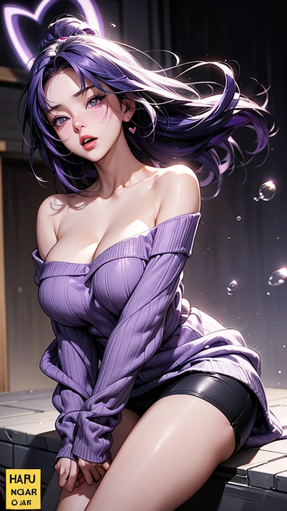 Raiden shouted, purple hair, Purple Eyes , (((Large Breasts))), exclamation mark, moan, Many hearts,Speak your mind, comics, (Moving line, Motion Blur)Lots of love bubbles,(((Off-shoulder sweater)))