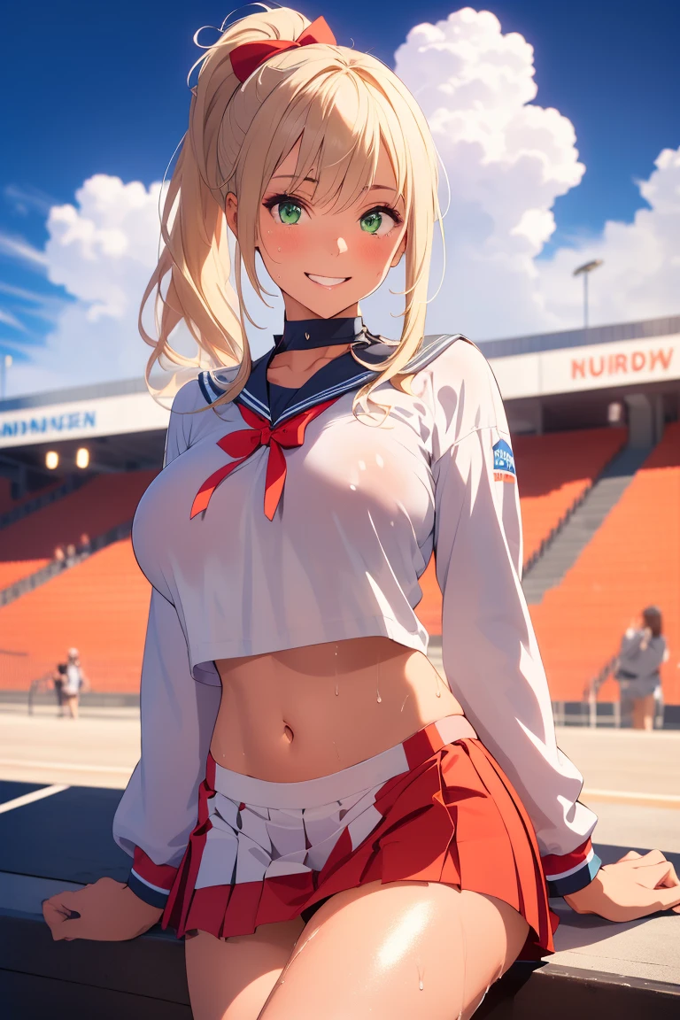 8k, cowboy shot, visual anime of a cute girl, best anime girl, Ecchi anime style, BREAK, seductive lady, (((long blonde hair, shiny hair, two long pigtails,  using a red ribbon in the hair in each ponytail))), detailed eyes and face, Defined tabs, eyeshadow, crystal clear eyes, detailed lips, beautiful detailed eyes,  ojos color azul claro big breasts, tits, voluptuous, light visible, BREAK,   green eyes, by rubio, long shiny hair, big breasts, High resolution, beautiful detailed eyes, extremely detailed face, good lighting, Detailed CG, bright lips, BREAK, (((wearing a cheerleading uniform))), ((white pleated miniskirt with red edges)), red top with white, uncovered sleeves, red and white pompoms, erect nipples,  wet between the legs, wet on the breasts,  red panties, sweaty skin, in dynamic pose, smiling seductively at the viewer,  round butt, buttocks, turned,  BREAK, Smooth texture, thighs, feminine curves, perfect anatomy, facing the viewer with a seductive smile, sweaty skin, raising one leg, BREAK,  in a football stadium during the day,  blue sky, White clouds, green grass sun rays on the girl. 