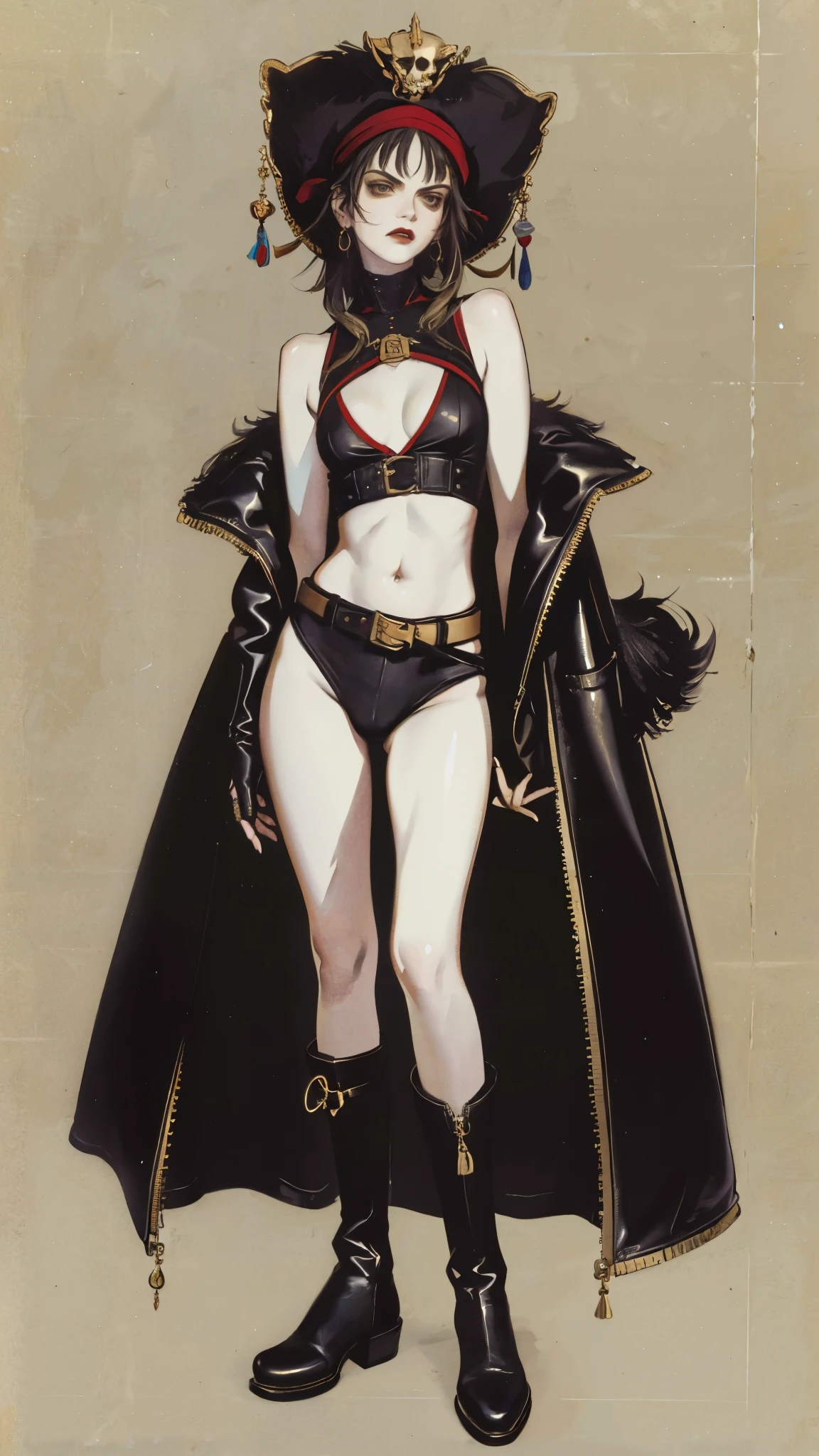 (masterpiece:1.2, best quality:1.2, extremely delicate:1.2), ((Alexandra Daddario:1.2)), a women with medium length long black hair, wears a small round felt hat on her head, she has a cunning and sharp gaze, a tall figure, a fantasy-style pirate coat, sleeveless, exquisite stripes, a large skull pattern, a leather belt with bone decorations, long gloves with metal ornaments, two-tone utility pants, knee-high leather boots, primarily black with red accents, stands proudly at the bow of a massive pirate ship, this character embodies a finely crafted fantasy-style female pirate, exquisite photography, Photo realism, photorealistic, perfect skin, even and soft lighting on face, dramatic, high definition, highres, ultra-detailed, ultra-fine painting, professional, perfect body proportions, golden ratio, anatomically correct, symmetrical face, extremely detailed eyes and face, high quality eyes, creativity, RAW photo, UHD, 32k, portrait lighting, Natural light, cinematic lighting, (masterpiece-anatomy-perfect:1.2)