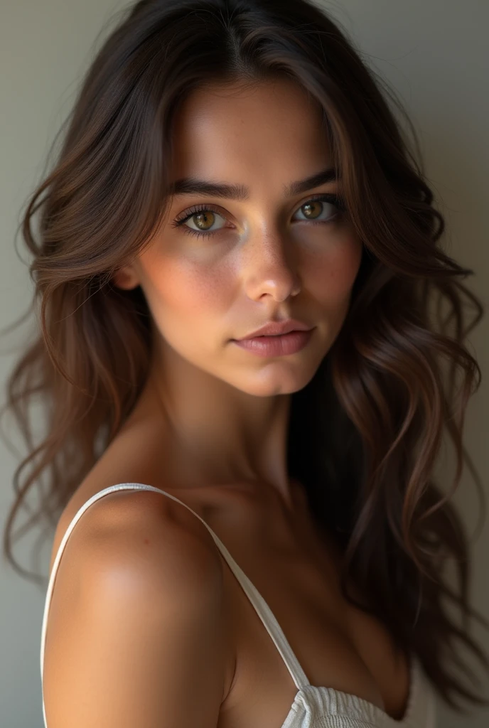 une fille brune jeune tres belle , meilleure qualité , tres réaliste yeux verts , belles forme qui se prend en photo devant un mirroir