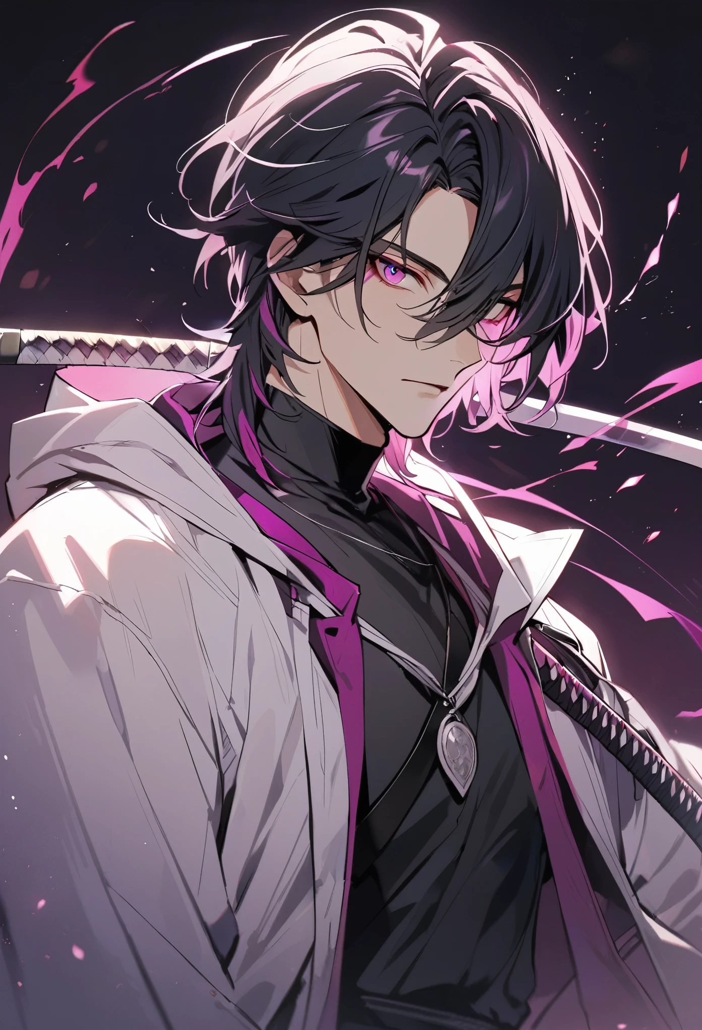 solo, handsome, 1 male, medium hair, black hair, magenta eyes, black shirt, white hood, katana