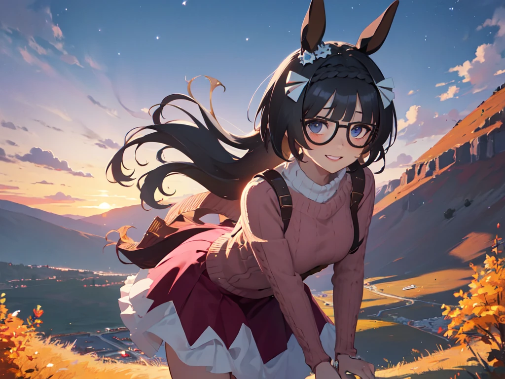 Solo, alone, horse eared woman, extremely cute, leaning forward, nice breasts, wearing pink glasses, pink lipstick, cheeks, pink sweater, pink knee high socks, pink skirt, starry sky, levitation, breeze, center chest, open lips, smiling, cut in, UHD, retina, masterpiece, accurate, anatomically correct, textured skin, ultra detailed, high detail, award winning, best quality, high resolution, 8k