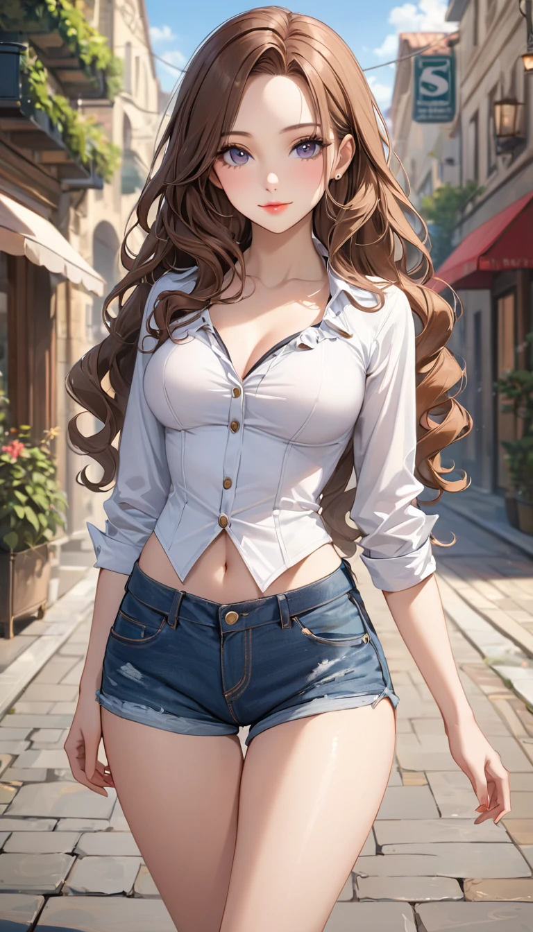 1Highest Quality, masterpiece, beautifully detailed eyes,, brown Hair, Gradient Hair, blonde highlights in hair, medium breasts, standing, makeup, glossy lips, full lips, (natural lighting), grass, button up shirt, thong straps, light smile, midriff, collarbone, thigh highs, miniskirt, cleavage