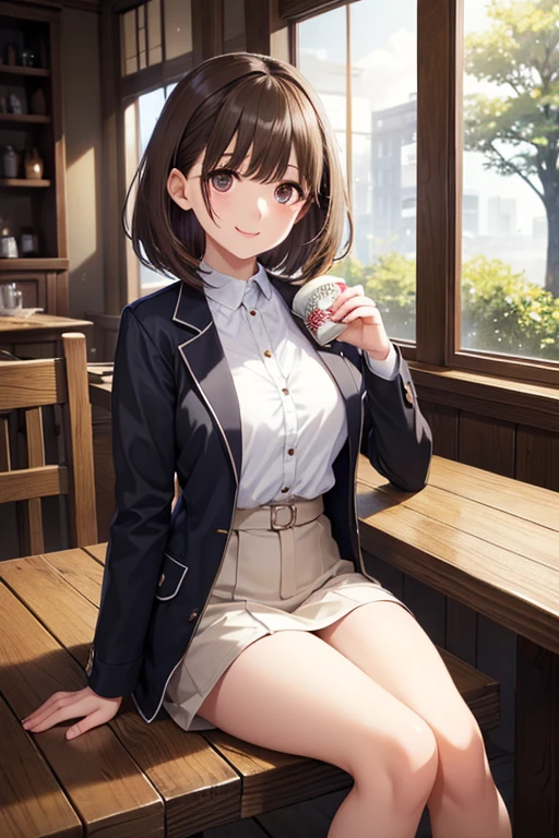Masterpiece to the smallest detail、top-quality、1girl in、独奏、25-years old、170cm、Receptionist、Model body type、perfectbody、Breasts so big that they hang on the floor、130 cm breast、ＸCup milk、Realistic nipples、Extraordinary Beauty、Hair with silky texture、bob、Two-color mesh、Realistic eyes、Outstanding looks、unclear、proximity、closed_mouth、a smile、red blush、full of shyness、Hats that look good、Hats、pink bowtie、校服、 Blue jacket、jaket、skirt by the、Gray pretz skirt、Cutter shirt、white  shirt、an legs、Black socks、sitting on、s Office、hair_ornament、looking_at_viewer、beatiful detailed eyes、Charming gestures、panties on、lift up one's skirt、Professional effects、The gap between the body and the gesture