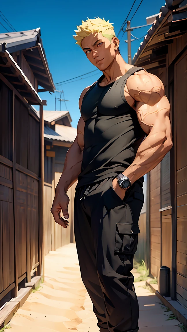 Highest quality, 8K, high resolution image, Jujutsu Kaisen anime style, dark skin, detailed strokes, blurred background, 1 man, young, golden brown eyes, strong look, meaningful eyes, muscular, muscular man, strong man, green Hair, short hair, cool guy, fashion designer guy, tank top, abs, fashion sweatpants, he wears a black kimono, muscular slim athletic build, black sandals, large Fuma Shuriken in hand, confident expression, ninja-like, ronin. Hand in pocket, happy facial expression, confident smile, background, sand city, sand houses, pink desert flowers, sand road, houses, narrow river. he stands in a desert town through which a narrow river flows