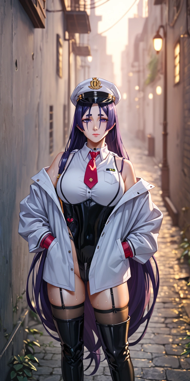 score_9, score_8_up, score_7_up, score_6_up, minamoto no raikou (FATE), long hair, very long hair, purple eyes, purple hair, parted bangs, thick eyebrows, mature female, BREAK Anime Style, Manga Style, Hand drawn, cinematic, Sharp focus, humorous illustration, big depth of field, Masterpiece, concept art, trending on artstation, Vivid colors, Simplified style, trending on ArtStation, trending on CGSociety, Intricate, Vibrant colors, Soft Shading, Simplistic Features, Sharp Angles, Playful, excessive sweating, sweating profusely, sweating drop BREAK, lemon0051, elbow gloves, armband, collared shirt, leotard, necktie, peaked cap, garter straps, thigh boots BREAK, white choker, hands in pocket, alley,