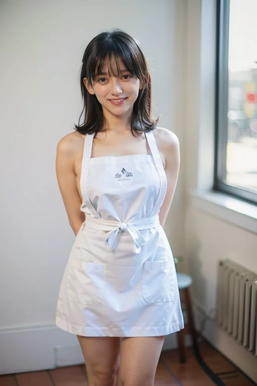 Two of the most beautiful women, Detailed body with large breasts, smile、Happy, (((Naked Apron))),((Maid style apron)),  Detailed lips, Detailed eyes, double eyelid, Huge breasts, Dark brown short hair, Thighs Thighs Thighs, Leaning forward、Turn your back、振り返ってsmileを見せる、Are standing, (Realistic:1.4), (Best image quality:1.0), (Ultra-high resolution:1.0), 8k, RAW Photos, (masterpiece), Inside a maid cafe in Akihabara、Beautiful toes