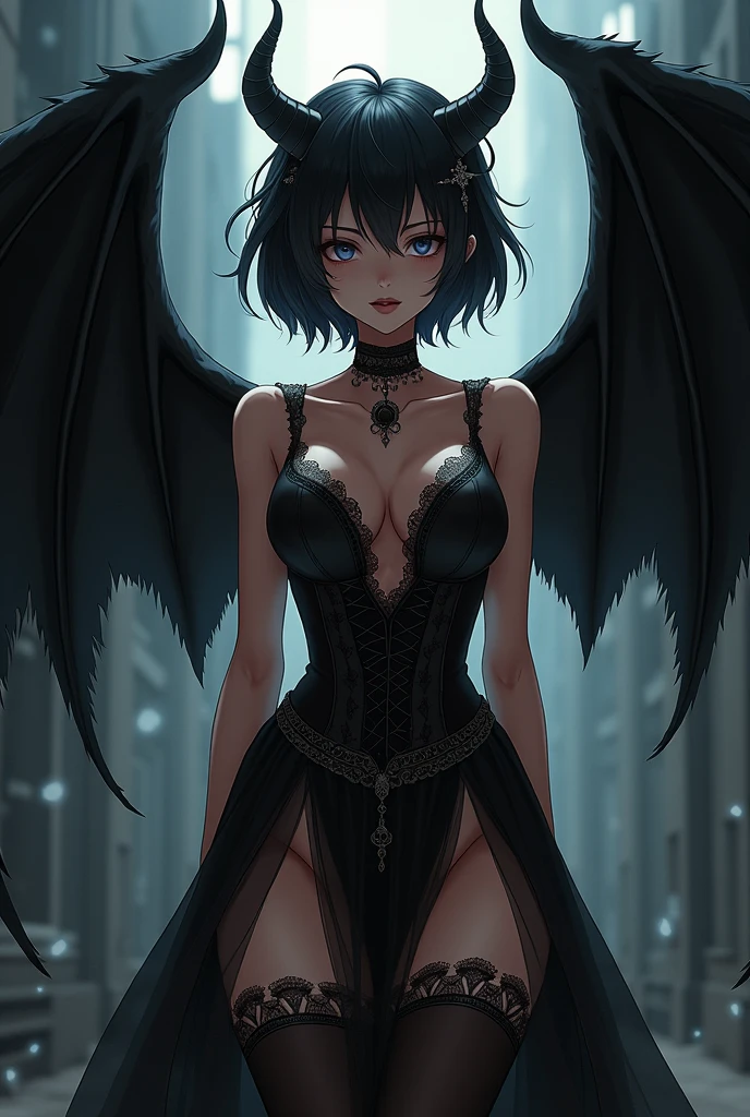 fall angel, A super-powerful demon with demon wings,devil's tail,Black Bigini, purple lightning engulfed in flames.、darkness, In the clouds of darkness、cleavage、short bob hair