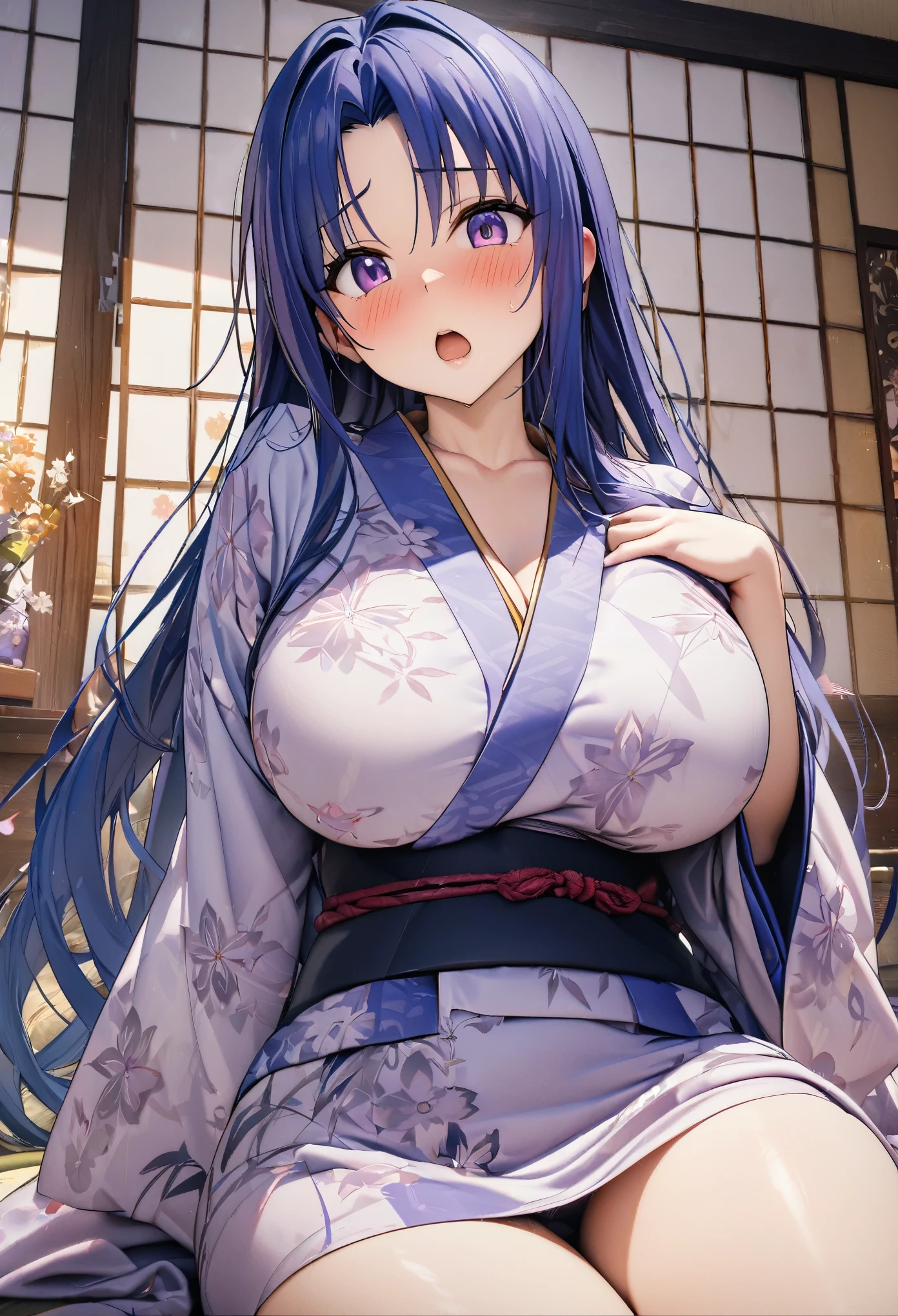 ((masterpiece,Highest quality,8k,Ultra-high resolution)),  1 person　、Adult woman in her 20s　,  Momo Juvenile Deviluke,                                     View your viewers　、　Embarrassed　,                                                             Blue Hair　, Long Hair　　 、Center parted bangs、　　　Purple eyes   　、       Open your mouth a little　　、                           The body is slim,   Big Breasts　　、　Flower pattern kimono　、Japanese-style room、　　Gah