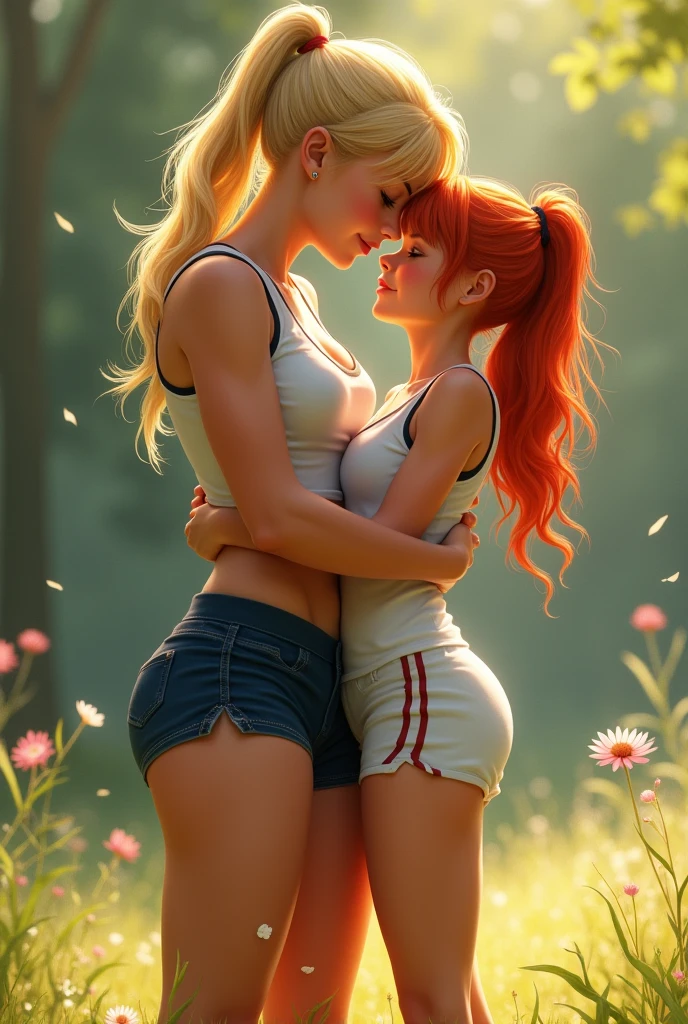 two girls hugging in the forest, female link and malon kissing, First kiss, Grégoire and Manon, lovely kiss, A kiss is a wordless spell, fairy tale style background, One girl is blonde and has small breasts、The other girl has red hair and big breasts.., Skinny Legs,, , Anatomy correctly, Accurate Hand Modeling,