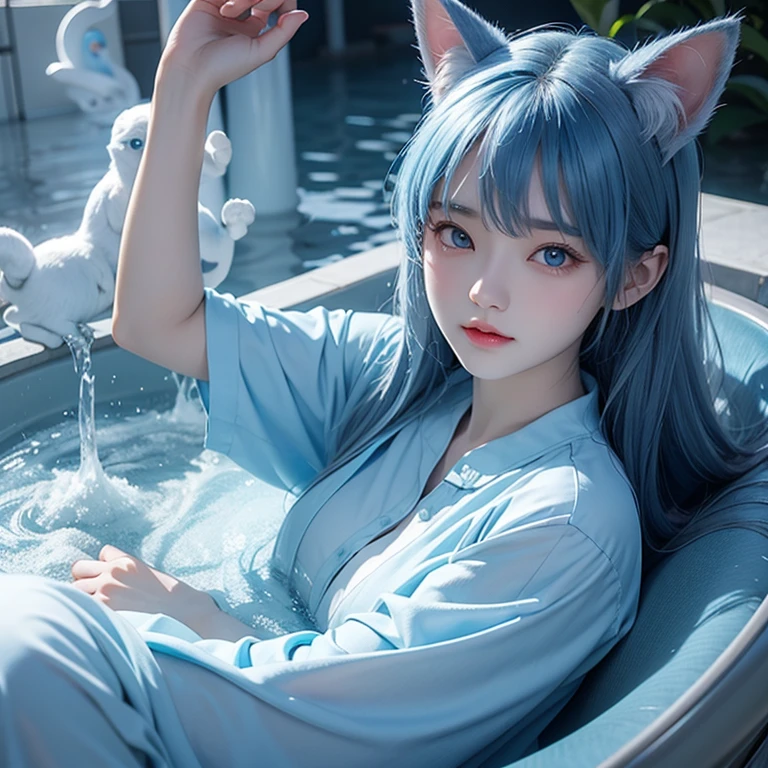 there is a kindergarden girls with fox ear. with long blue hair sitting on a bathup taking a bath. she wears a  small tank top. she show a smile with teeth. she is on . she is very cute. her body full of soap. she is with another girl. she is beautiful. her hands are up. her body full of foam. a shower is on above her. She is having a sex. she is making a baby