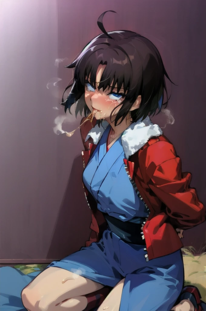 (masterpiece, Highest quality, Very detailed), female, Ryougi Shiki The Garden of Sinners, short hair, Ahoge, Red jacket, blue eyes, Blue kimono, Open clothes, Fur trim, (Ahegao), (Roll your eyes), blush, Big baguette in mouth, saliva, Realistic nose, (snot:1.1), snotが垂れる, kneeling pose, Hair being pulled, View your viewers, from the front