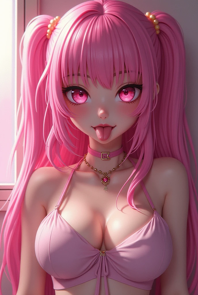 dark-skinned female+++++, detailed eyes, sparkling eyes, close-up , pink eyes, full lips, +thick lips, +full lips, big breast, blonde hair, pink highlights+++ belly piercing,,long hair, flat stomach, long eyelashes, lipgloss, smirk ,looking at viewer , HD++ , pink crop top , from above , pink background, on knees , corset , holding phone , pink dress , clouds , pigtails , on knees , on bed , hearts , heart ornaments+ , septum piercing++ , pink lace up legwear
