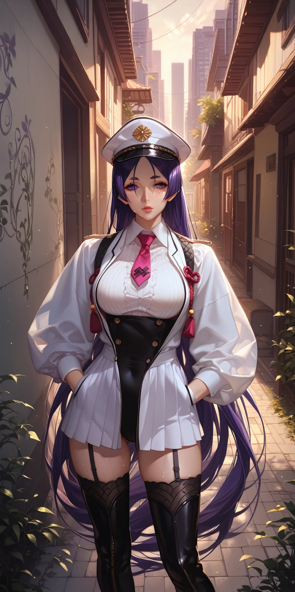 score_9, score_8_up, score_7_up, score_6_up, minamoto no raikou (FATE), long hair, very long hair, purple eyes, purple hair, parted bangs, thick eyebrows, mature female, BREAK beautiful detailed eyes, beautiful detailed lips, extremely detailed face and portrait, elegant expression, soft warm lighting, volumetric lighting, cinematic composition, detailed environment, lush garden, vibrant colors, intricate details, masterpiece, high resolution, digital painting, excessive sweating, sweating profusely, sweating drop BREAK, lemon0051, elbow gloves, armband, collared shirt, leotard, necktie, peaked cap, garter straps, thigh boots BREAK, white choker, hands in pocket, alley,