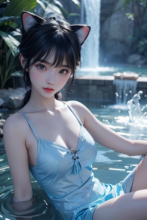 best quality, masterpiece, 1girl, solo, full body, an extremely delicate and beautiful girl, extremely detailed, beautiful detailed starry sky, beautiful detailed eyes, bare shoulders, 8k wallpaper, Bright stars, black ribbon, big forhead, small breast, light leaks, long bangs, blue eyes, black silk stocking, JK, white silk stocking, uwabaki, grovel, bathing, hand on own chest, leg lift, cat, seaside