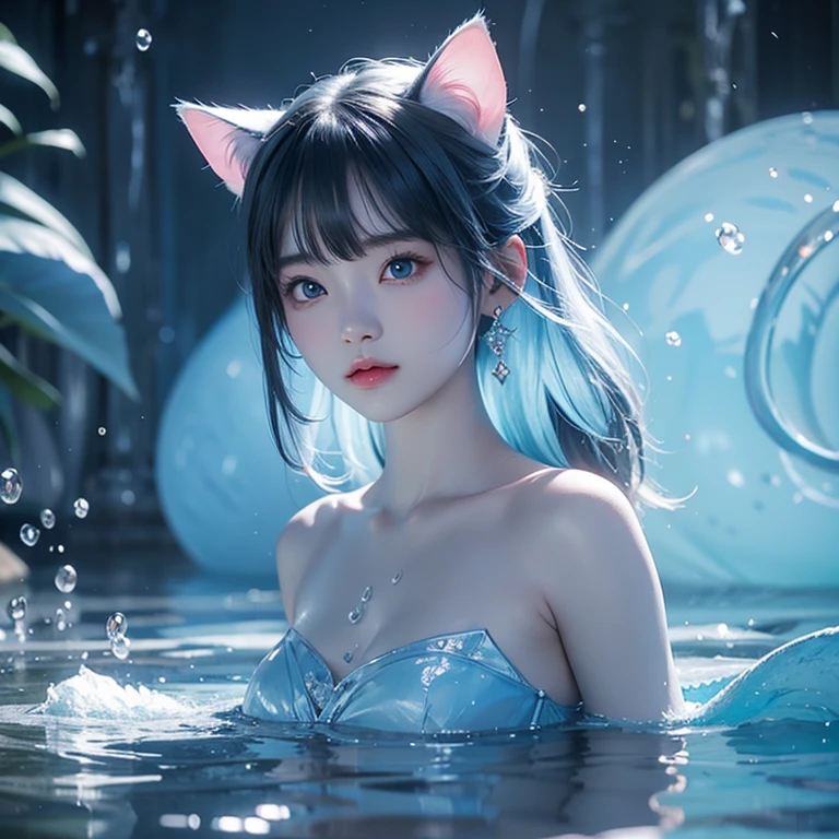 (Best Quality, Masterpiece: 1.4), (Realism: 1.2), (Absurdity: 1.2), 4K, Detailed, Ultra Detailed, Detailed Face, (Ultra Detailed Eyes: 1.2), Underwater, Beauty, One-piece Swimsuit, Naked Back, Smile, High Split End, Long White Legs, Looking Back at the Screen, Hair Floating, Long Black Hair, Cat Ears, A Large Bunch of Colored Jellyfish