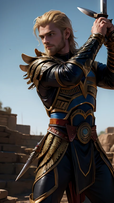 Tall, handsome, strong Aztec demigod with blonde hair, with an incredible stubble wearing a pre-Hispanic combat suit, playing with a obsidiana knife