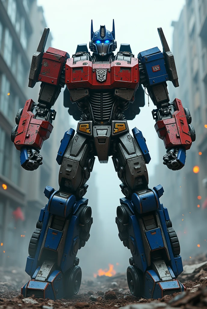 (((Masterpiece))), (((Highest quality))), ((Very detailed)), photorealistic, Optimus Prime in a dynamic, heroic stance, with battle-worn, scratched, and weathered armor; the Autobot symbol is prominently displayed on his chest. His eyes glow intensely blue, reflecting determination and strength. Intricate mechanical textures and details in his face and body, with visible hydraulics, gears, and complex parts. (Front POV), (Detailed metallic surfaces), (Battle damage), dim light, cinematic shadows, foggy smoke, dramatic backlighting, sparks and debris flying around, adding tension. Urban battlefield environment, destroyed buildings, shattered glass, and rubble; overcast sky with a cold, moody atmosphere. Octane rendering, ray tracing, hyper-realistic with HDR, 8K resolution, high dynamic range, film grain, slight chromatic aberration, high contrast, cool tones, natural reflections, [Ultra High Resolution, photorealistic:1.37, complex parts:1.12, hyper detailed, sharp focus, cinematic film still style, moody and eerie]. Single-lens reflex camera, 35mm lens focal length, showcasing every detail of Optimus Prime’s armor, highlighting his resilience and defiance in the face of battle, smoke subtly swirling around, emphasizing dramatic lighting, with reflections on his metal plates. Best shadows, isometric 3D, complex mechanical parts, [best quality, 8K wallpaper, HDR, masterpiece].