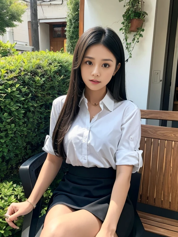 The image shows a young woman sitting on a black chair in an outdoor cafe or restaurant. She is wearing a white collared shirt and a black skirt. She has long dark hair and is looking directly at the camera with a serious expression. On the table in front of her, there is a white vase with white flowers. The background is blurred, but it appears to be an outdoor setting with other tables and chairs. The overall mood of the image is relaxed and casual.