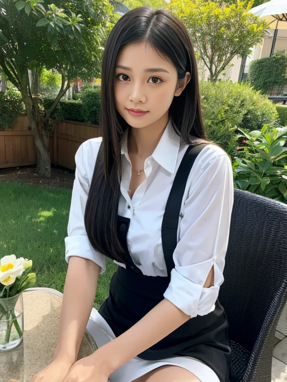 The image shows a young woman sitting on a black chair in an outdoor cafe or restaurant. She is wearing a white collared shirt and a black skirt. She has long dark hair and is looking directly at the camera with a serious expression. On the table in front of her, there is a white vase with white flowers. The background is blurred, but it appears to be an outdoor setting with other tables and chairs. The overall mood of the image is relaxed and casual.