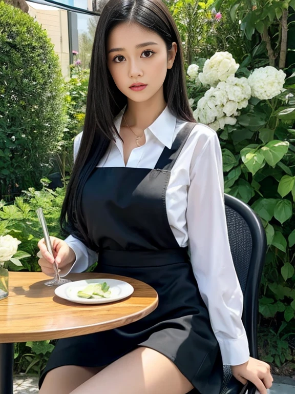 The image shows a young woman sitting on a black chair in an outdoor cafe or restaurant. She is wearing a white collared shirt and a black skirt. She has long dark hair and is looking directly at the camera with a serious expression. On the table in front of her, there is a white vase with white flowers. The background is blurred, but it appears to be an outdoor setting with other tables and chairs. The overall mood of the image is relaxed and casual.