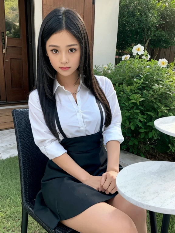 The image shows a young woman sitting on a black chair in an outdoor cafe or restaurant. She is wearing a white collared shirt and a black skirt. She has long dark hair and is looking directly at the camera with a serious expression. On the table in front of her, there is a white vase with white flowers. The background is blurred, but it appears to be an outdoor setting with other tables and chairs. The overall mood of the image is relaxed and casual.