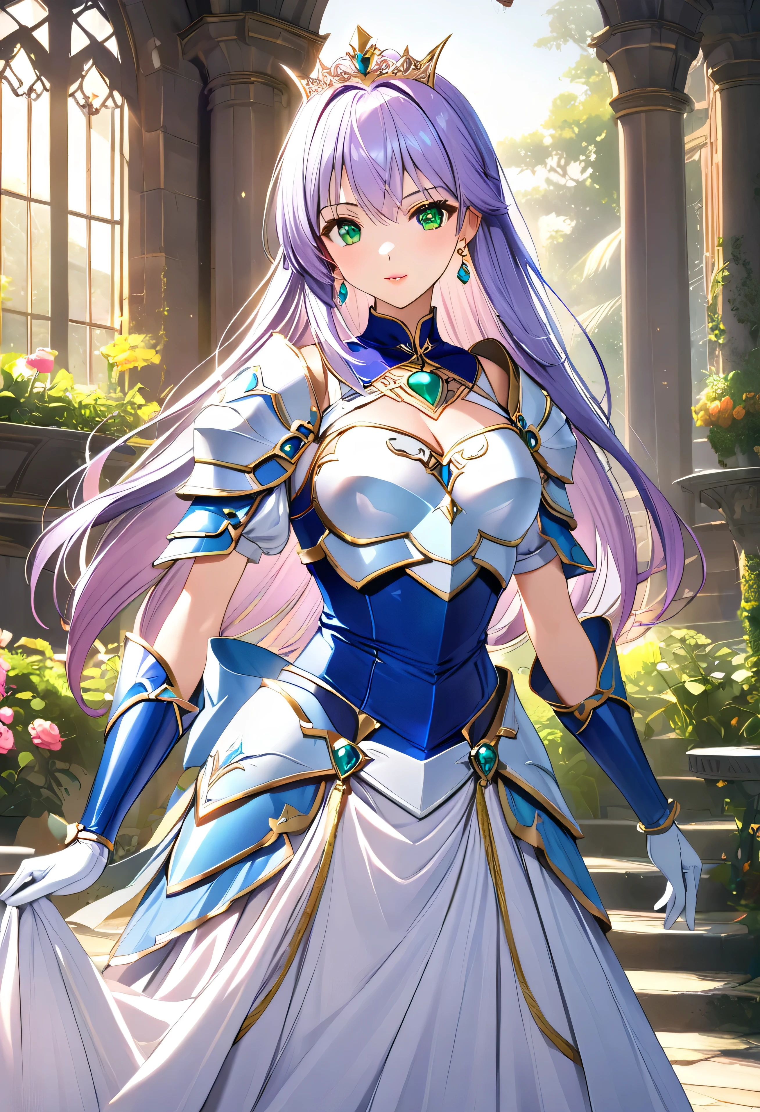 (Beautiful woman in a fantasy scene, Very detailed, 1 girl, Faina Fam Earth Light, Green Eyes, Long Hair, Purple Hair, dress, gloves, jewelry, Cleavage, Princess, elbow gloves, tiara, brooch, white gloves, Adult female, slim, Very beautiful, Beautiful Face, (((Blue and white armor, breastplate, Shiny Armor:1.2))), Has a bow, Gold earrings, Gray Hair, Green Eyes, Pink Lips, whole body)