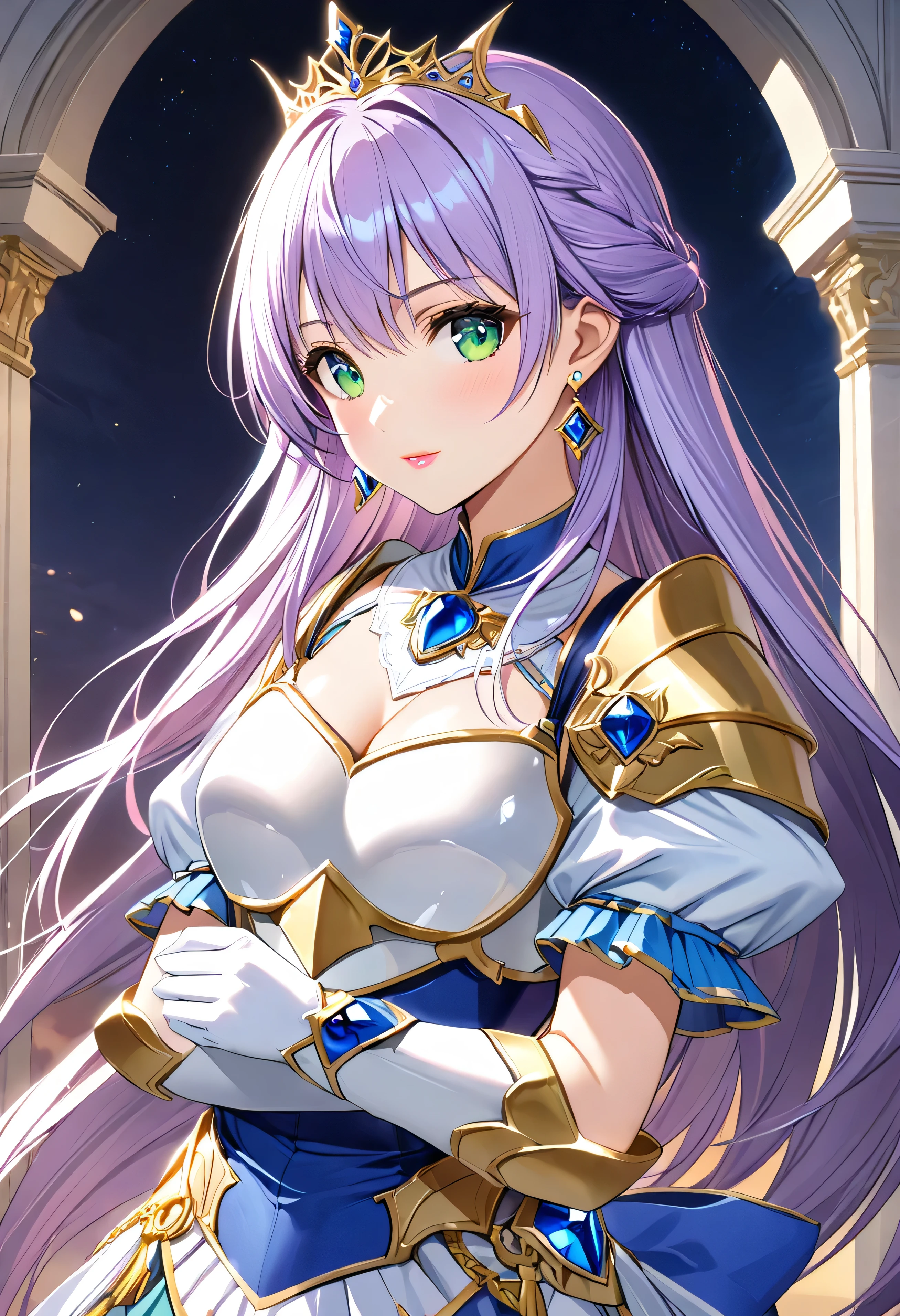 (Beautiful woman in a fantasy scene, Very detailed, 1 girl, Faina Fam Earth Light, Green Eyes, Long Hair, Purple Hair, dress, gloves, jewelry, Cleavage, Princess, elbow gloves, tiara, brooch, white gloves, Adult female, slim, Very beautiful, Beautiful Face, (((Blue and white armor, breastplate, Shiny Armor:1.2))), Has a bow, Gold earrings, Gray Hair, Green Eyes, Pink Lips, whole body)