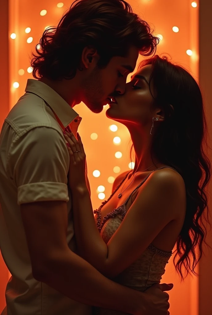 A sensual 30 year old woman, with an attractive dress, is passionately hugging a 19-year-old boy under a shower. The scene conveys a warm connection between the two.