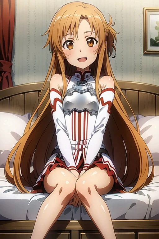 ((Highest quality)), ((masterpiece)), (be familiar with), Perfect Face, indoor, Bedroom, Watching the audience,
One woman, Yuuki Asuna,
Open Mouth, Ecstatic expression, blush, smile,
Small breasts, Flat Chest, , , , Girl,
Long Hair, Long Hair,
Leg spread,