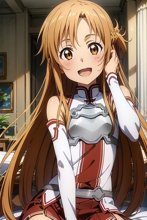 ((Highest quality)), ((masterpiece)), (be familiar with), Perfect Face, indoor, Bedroom, Watching the audience,
One woman, Yuuki Asuna,
Open Mouth, Ecstatic expression, blush, smile,
Small breasts, Flat Chest, , , , Girl,
Long Hair, Long Hair,
Leg spread,