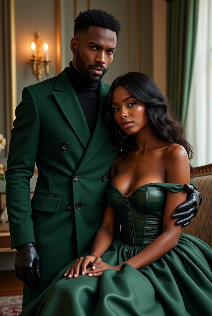 Stunning medium shot photograph of an African American couple 1 handsome black man with short fade haircut luxury black camsa, 1 beautiful Latin woman with dark skin chocolate color eyes looking at viewer emerald green color, seductive big body  balanced , perfect beauty, long silky hair with waves, romantic scene