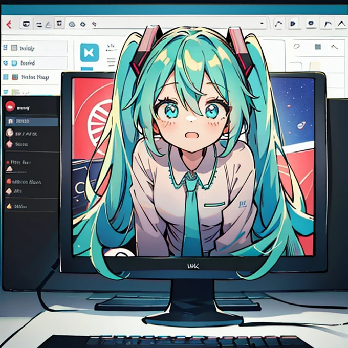 through the screen, stuck, monitor, 1 girl, old, Alone,Hatsune Miku, looking at the viewer, hair between the eyes, shirt, very long hair, hits, , Upper part of the body, Youtuber virtual,